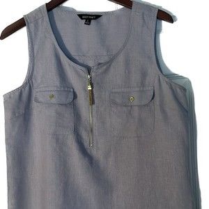 Ellen Tracy linen sleeveless top light blue gold accents size large, tassel zip